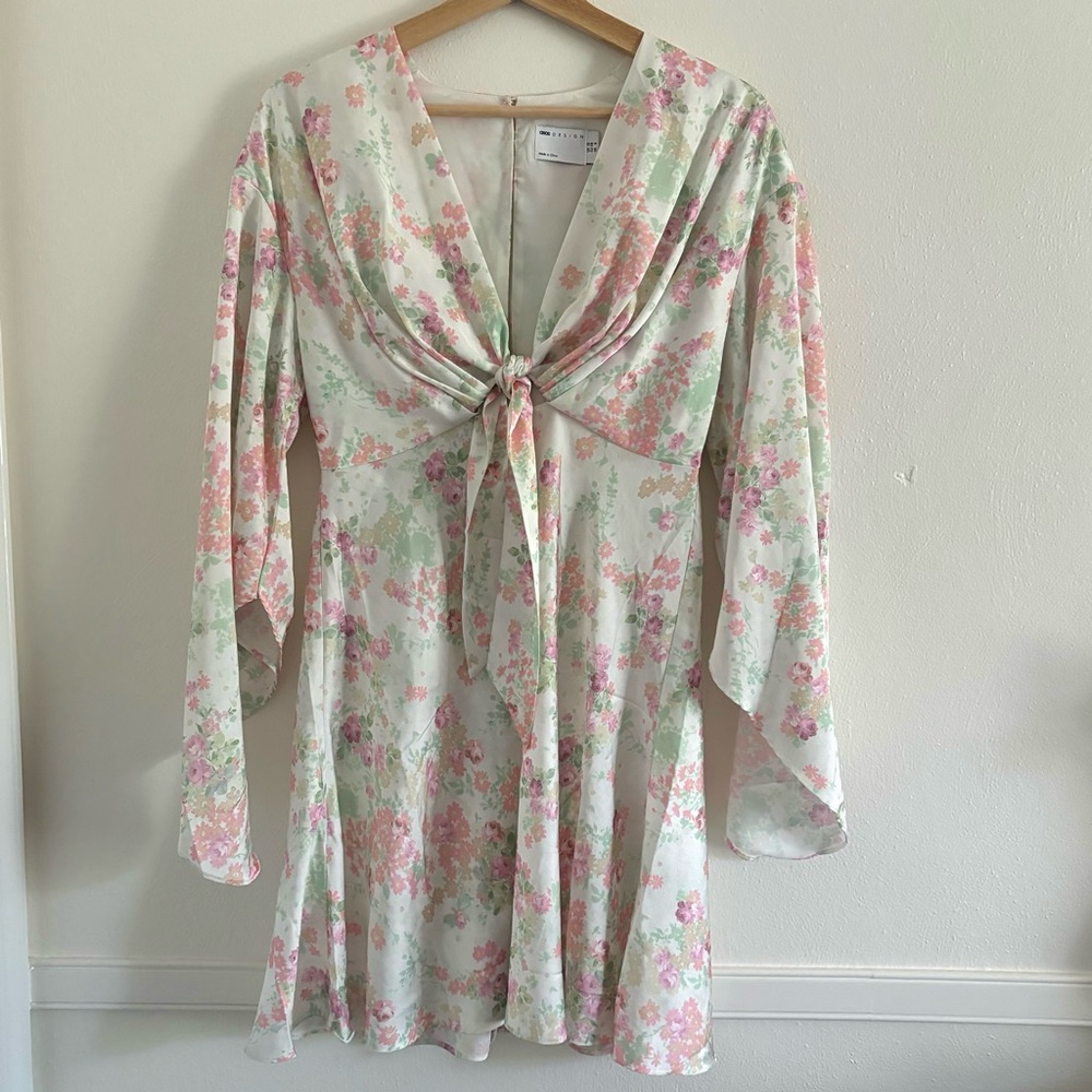 ASOS Design cape sleeve satin mini dress with knot front in cream floral